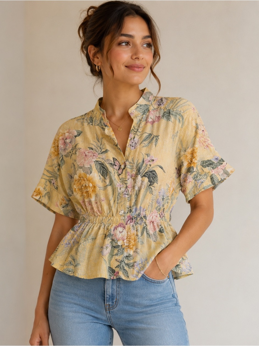 Studio F Yellow Floral Peplum Blouse with Pink & Purple Blooms Size XS